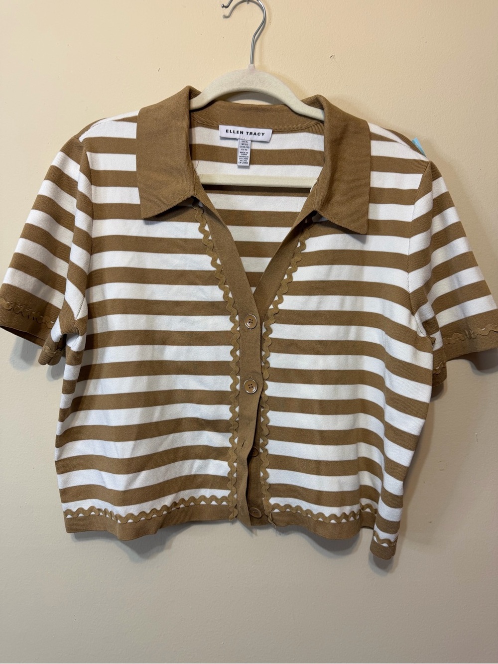 Ellen Tracy Cream & Brown Striped Short-Sleeve Polo Cardigan with lace trim 2449